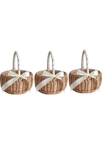 3x Hasır Dokuma Çiçek Sepeti, Saplı ve Beyaz Kurdeleli, Düğün Çiçek Kız Sepetleri, Ev Bahçe Dekorasyonu Için (Yurt Dışından)