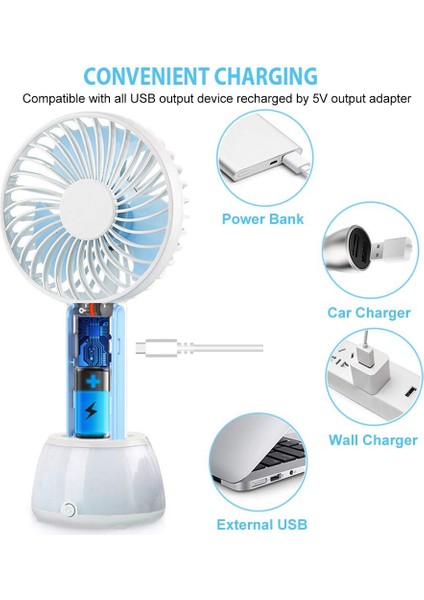 Mini El Fanı, LED Gece Lambası ile USB Fan, Ofis Odası Dış Mekan Ev Seyahat Mavi Için Taşınabilir Kişisel Pille Çalışan Masa Masaüstü Masası (Yurt Dışından)