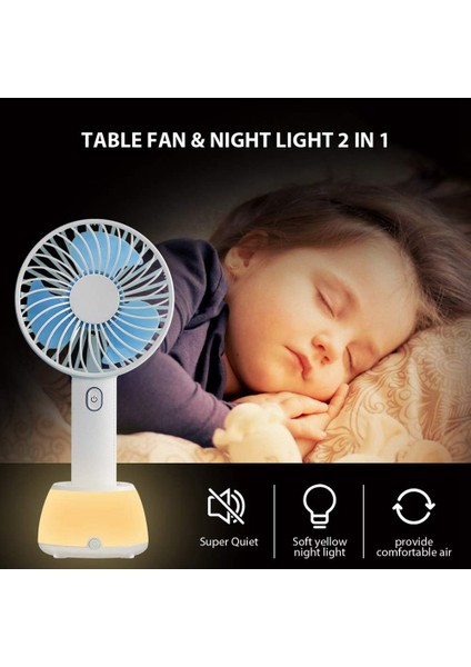 Mini El Fanı, LED Gece Lambası ile USB Fan, Ofis Odası Dış Mekan Ev Seyahat Mavi Için Taşınabilir Kişisel Pille Çalışan Masa Masaüstü Masası (Yurt Dışından)