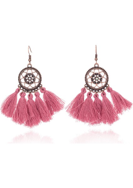 Vintage Boho Etnik Yuvarlak Dangle Bildirimi Fringe Damla Küpe Kadınlar Için Düğün Parti Yıldönümü Takı Süsler Pembe + Bronz (Yurt Dışından)