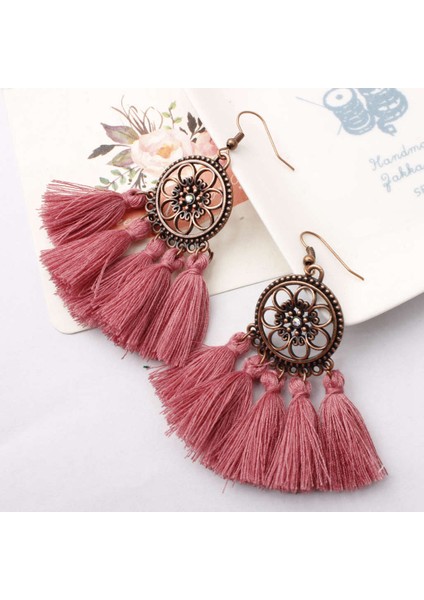 Vintage Boho Etnik Yuvarlak Dangle Bildirimi Fringe Damla Küpe Kadınlar Için Düğün Parti Yıldönümü Takı Süsler Pembe + Bronz (Yurt Dışından)