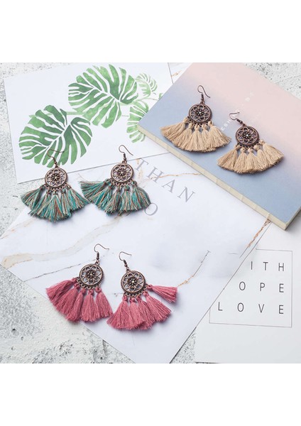 Vintage Boho Etnik Yuvarlak Dangle Bildirimi Fringe Damla Küpe Kadınlar Için Düğün Parti Yıldönümü Takı Süsler Pembe + Bronz (Yurt Dışından)