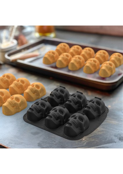 Cadılar Bayramı Kafatası Kek Tava Silikon Kalıp, 6 Kavite Korsan Kafatası 3D Silikon Kalıp Fırın Tepsisi, Kahverengi (Yurt Dışından)