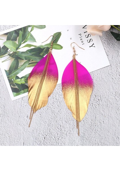 Moda Takı Floresan Çift Renk Egzotik Dangle Eardrop Küpe Uzun Metal Püskül Tüy Küpe Kadın Aksesuarları Süsler Gül Kırmızı (Yurt Dışından) fiyatları