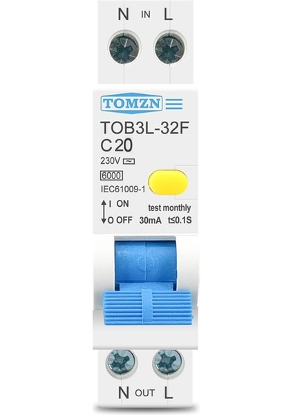 Tomzn 18MM 230V Rcbo 1p+N 6ka Kaçak Akım Diferansiyel Otomatik Devre Kesici, Aşırı Akım Kaçağı Koruması, 20A (Yurt Dışından)