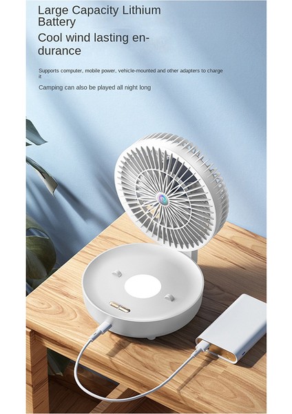 Duvara Monte Fan USB Şarj Katlanır Küçük Ultra Sessiz 3 Hız Işık, Taşınabilir Hava Sirkülasyon Fanı, Beyaz (Yurt Dışından)