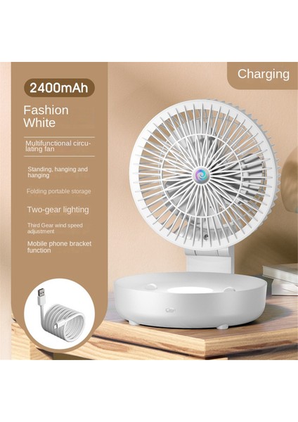 Duvara Monte Fan USB Şarj Katlanır Küçük Ultra Sessiz 3 Hız Işık, Taşınabilir Hava Sirkülasyon Fanı, Beyaz (Yurt Dışından)