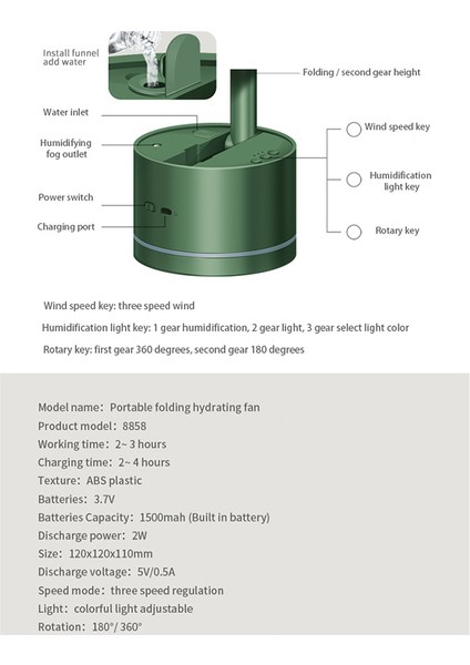 Katlanabilir Masa Fanı USB Şarj Edilebilir Nemlendirici 360 Derece Sallayarak Kafa Mini Hava Soğutucu-Yeşil (Yurt Dışından) fiyatları