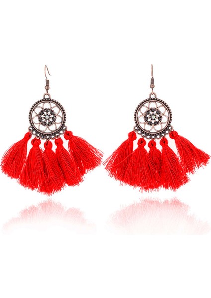 Vintage Boho Etnik Yuvarlak Dangle Bildirimi Fringe Damla Küpe Kadınlar Için Düğün Parti Yıldönümü Takı Süsler Kırmızı + Bronz (Yurt Dışından)