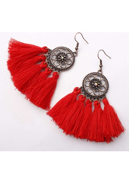 Vintage Boho Etnik Yuvarlak Dangle Bildirimi Fringe Damla Küpe Kadınlar Için Düğün Parti Yıldönümü Takı Süsler Kırmızı + Bronz (Yurt Dışından)