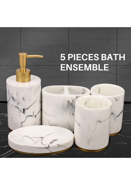 Banyo Aksesuar Seti, 5 Parça Banyo Takımı, Banyo Seti Koleksiyonu Mermer Desenli Sabunluk Pompası, Diş Fırçalığı, Sabunluk (Yurt Dışından)
