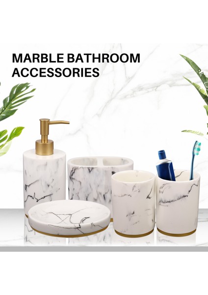 Banyo Aksesuar Seti, 5 Parça Banyo Takımı, Banyo Seti Koleksiyonu Mermer Desenli Sabunluk Pompası, Diş Fırçalığı, Sabunluk (Yurt Dışından)