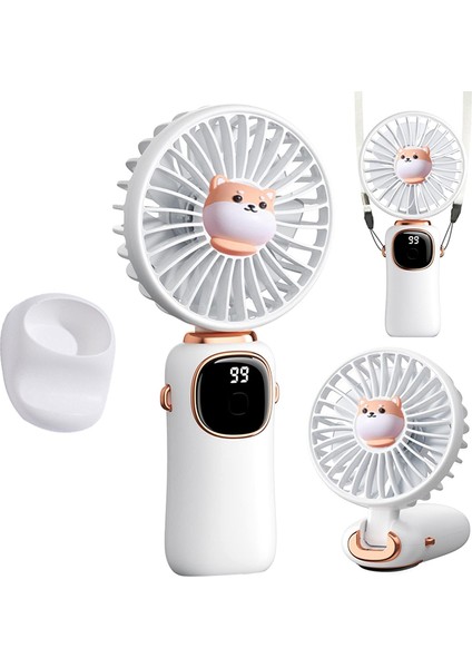 Taşınabilir El Fanı, LED Ekranlı 4000MAH Boyun Fanı, Katlanabilir Masa Tabanı, Kadınlar Için 5 Hız Beyaz (Yurt Dışından)