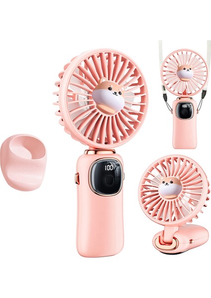 Taşınabilir El Fanı, LED Ekranlı 4000MAH Boyun Fanı, Katlanabilir Masa Tabanı, Kadınlar Için 5 Hız Pembe (Yurt Dışından)