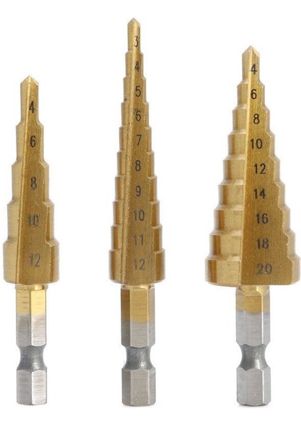 3 Adet Yüksek Hızlı Çelik Adım Matkap Ucu Seti Elektrikli El Aletleri Koni Titanyum Kaplamalı Metal Delik Kesici 1/4 Inç Hex Shank Tahrik Hızlı Değişim 3-12MM/4-12MM/4-20MM (Yurt Dışından)