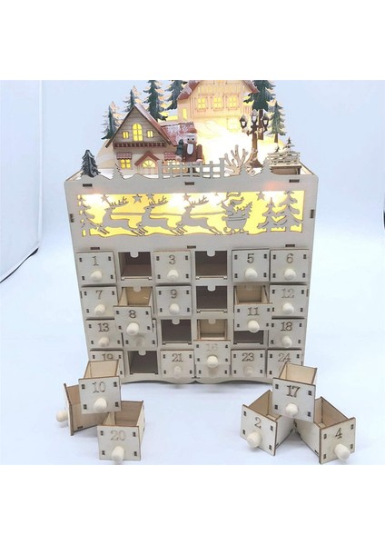2x Ahşap Noel Advent Takvimi Noel'e Geri Sayım LED Tatil Dekorasyonu 24 Çekmeceli LED Işık (Yurt Dışından)