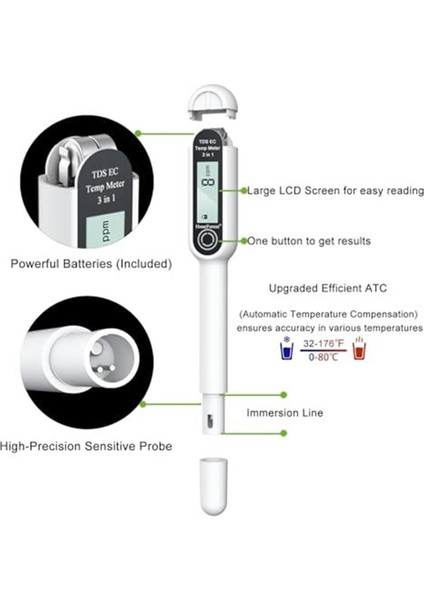 Tds Metre, Ec Metre, Termometre 3'ü Bir Arada, Doğruluk Tds Metre Dijital Su Test Cihazı, Çeşitli Sıcaklıklarda Her Zaman Doğru (Yurt Dışından)