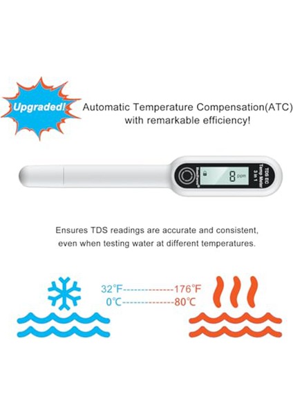 Tds Metre, Ec Metre, Termometre 3'ü Bir Arada, Doğruluk Tds Metre Dijital Su Test Cihazı, Çeşitli Sıcaklıklarda Her Zaman Doğru (Yurt Dışından)