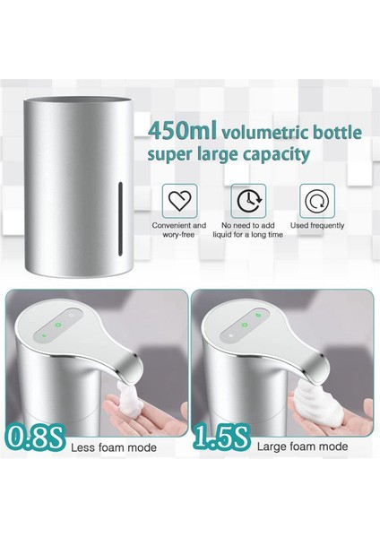 2x Sabunluk Otomatik - Fotoselli USB Şarj Edilebilir Elektrikli Köpük Sabunluk Ayarlanabilir Su Geçirmez 450ML Gümüş (Yurt Dışından)