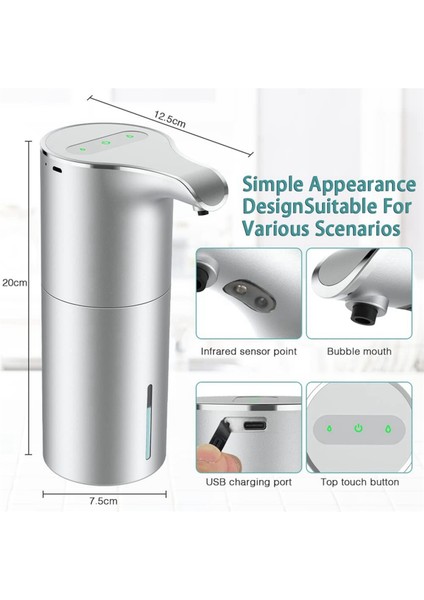 2x Sabunluk Otomatik - Fotoselli USB Şarj Edilebilir Elektrikli Köpük Sabunluk Ayarlanabilir Su Geçirmez 450ML Gümüş (Yurt Dışından)