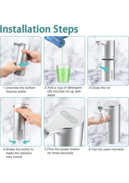 2x Sabunluk Otomatik - Fotoselli USB Şarj Edilebilir Elektrikli Köpük Sabunluk Ayarlanabilir Su Geçirmez 450ML Gümüş (Yurt Dışından)