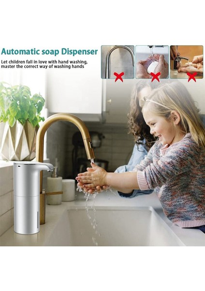 2x Sabunluk Otomatik - Fotoselli USB Şarj Edilebilir Elektrikli Köpük Sabunluk Ayarlanabilir Su Geçirmez 450ML Gümüş (Yurt Dışından)