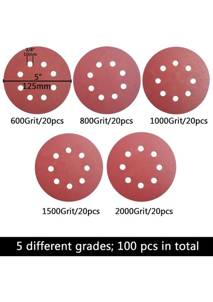 200 Adet 5 Inç 8 Delikli Cırt Cırtlı Zımpara Diski Zımpara Kağıdı, 40'ar Adet 600 800 1000 1500 2000 Grit Zımpara Kağıdı (Yurt Dışından)