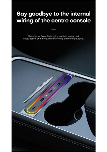 Model Y Aksesuarlarıyla Uyumlu Akıllı Bağlantı Istasyonu 2023 Model 3 5 Portlu 27W LED Işıklı Hızlı Şarj Cihazı Şant Hub (Yurt Dışından)