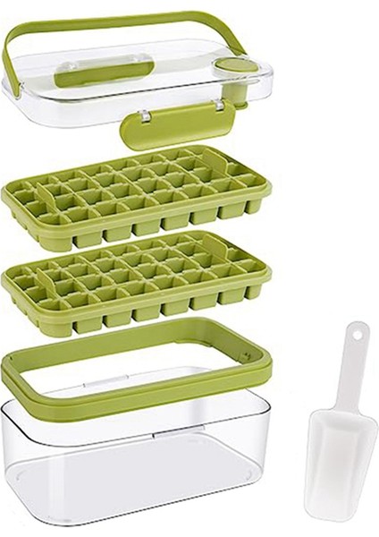 Buz Tepsisi Preslenmiş Buz Saklama Kutusu Dondurucu Kare Buz Küpü Kalıbı Kapaklı Ev Buz Yapıcı Kutusu Tepsi ve Kepçeli (Yeşil) (Yurt Dışından)