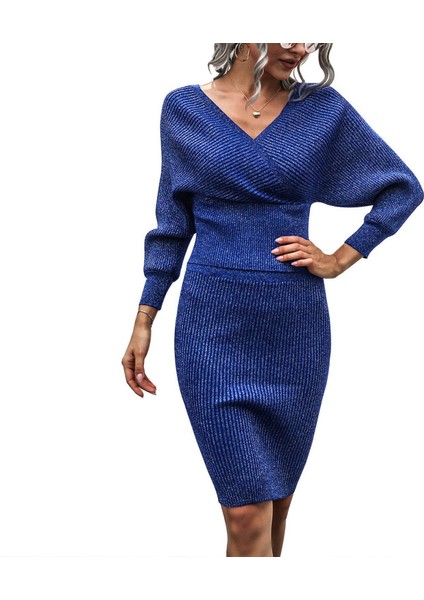Kadın V Yaka Yarasa Kollu Kazak Boyundan Bağlamalı Üst Bodycon Etek 2 Parça Setleri Backless Kazak Takım Elbise Mavi (Yurt Dışından)