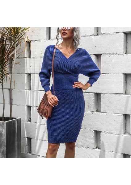 Kadın V Yaka Yarasa Kollu Kazak Boyundan Bağlamalı Üst Bodycon Etek 2 Parça Setleri Backless Kazak Takım Elbise Mavi (Yurt Dışından) fiyatları
