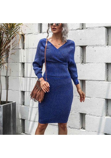 Kadın V Yaka Yarasa Kollu Kazak Boyundan Bağlamalı Üst Bodycon Etek 2 Parça Setleri Backless Kazak Takım Elbise Mavi (Yurt Dışından) modelleri
