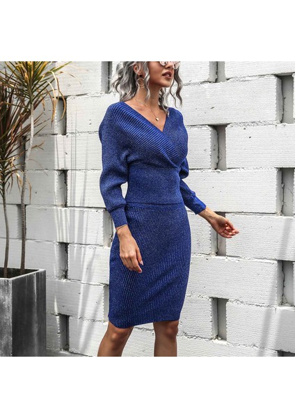 Kadın V Yaka Yarasa Kollu Kazak Boyundan Bağlamalı Üst Bodycon Etek 2 Parça Setleri Backless Kazak Takım Elbise Mavi (Yurt Dışından) fırsatları