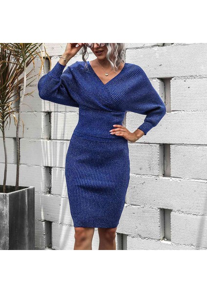 Kadın V Yaka Yarasa Kollu Kazak Boyundan Bağlamalı Üst Bodycon Etek 2 Parça Setleri Backless Kazak Takım Elbise Mavi (Yurt Dışından) indirimleri