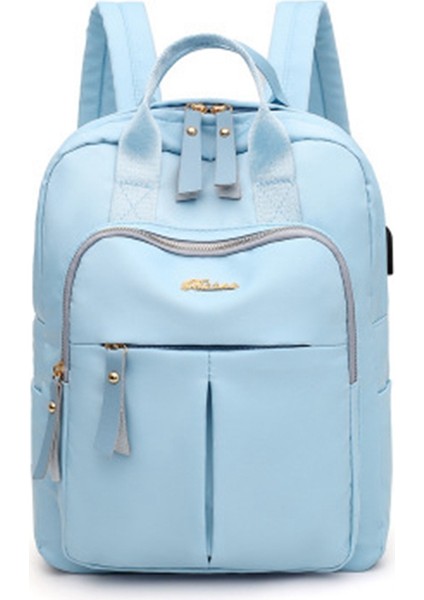 Kadın USB Şarjlı Sırt Çantası, Saf Renk, Çok Yönlü, Eğlence Seyahati, Su Geçirmez Sırt Çantası, Kız Çocuk Okul Çantası Açık Mavi (Yurt Dışından)