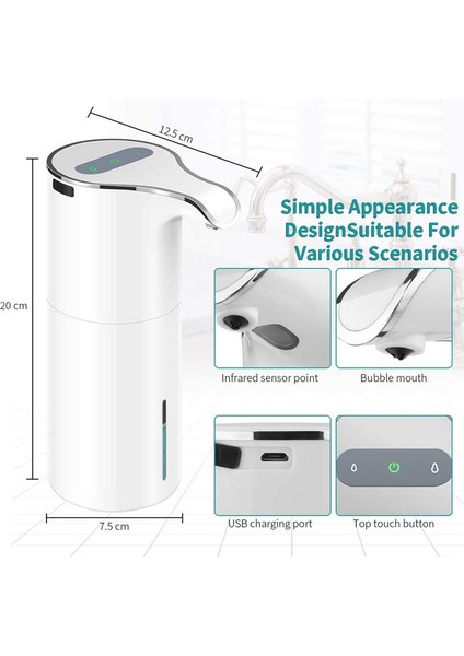 Sabunluk Otomatik - Fotoselli USB Şarjlı Elektrikli Köpük Sabunluk Ayarlanabilir Su Geçirmez 450 ml Beyaz (Yurt Dışından)