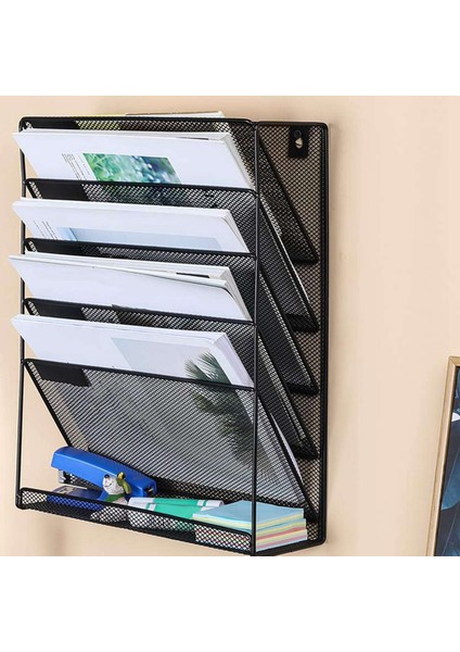 2x Metal Örgü Duvara Monte Dergi Dosya Rafı Ofis Masası 5 Katmanlı Aralık Arşiv Dosya Dergisi Depolama Siyah (Yurt Dışından)
