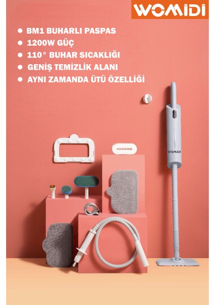 Bm1 Çok Fonksiyonlu 13 Parça Buharlı Dikey Paspas ve Temizleyici - Buharlı Mop - Dijital Ekranlı Buharlı Temizlik Makinesi
