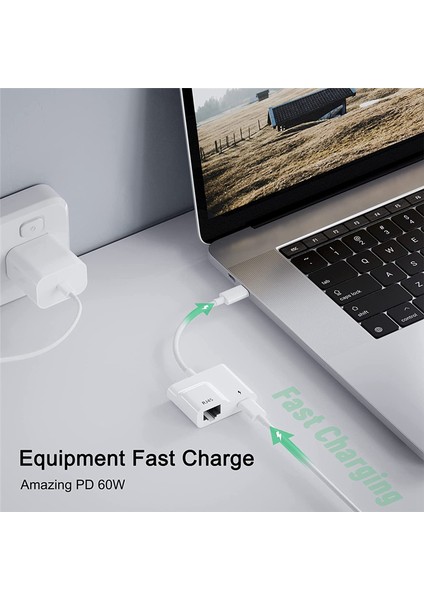 USB C - Ethernet Adaptörü, Pd 60W Şarj Cihazı ile USB Tip C - RJ45 Gigabit Ethernet Lan Adaptörü, /pro ile Uyumlu (Yurt Dışından)