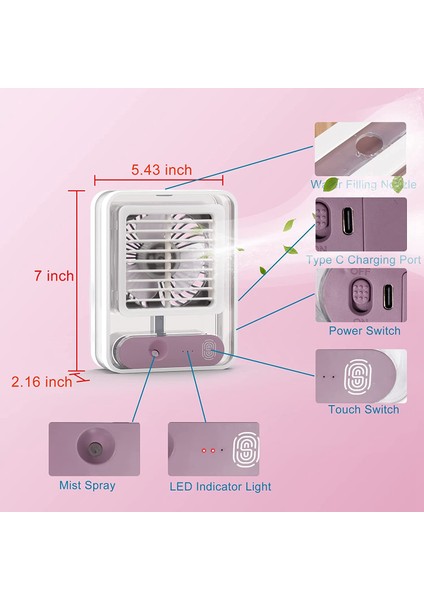 Sisli Küçük Kişisel Masa Fanı, LED Gece Lambası, Elektrikli Su Sisleme Fanı, USB Şarj Edilebilir Taşınabilir Mor (Yurt Dışından)
