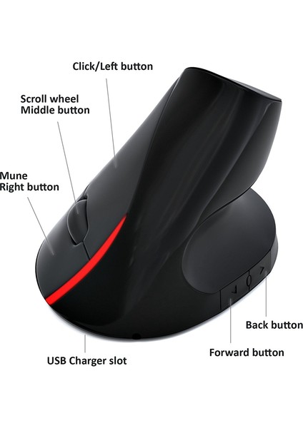 2.4 Ghz Kablosuz Dikey Ergonomik Optik Şarj Edilebilir 5d 2400DPI Oyun Faresi Siyah (Yurt Dışından)