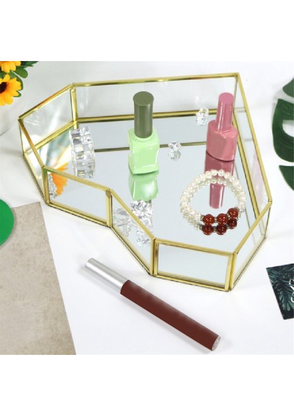 Vintage Ayna Vanity Tepsi Kozmetik Makyaj Tepsisi Süslü Dresser Tepsi Kalp Şeklinde Geometrik Takı Biblo Tutucu Kutusu (Yurt Dışından)