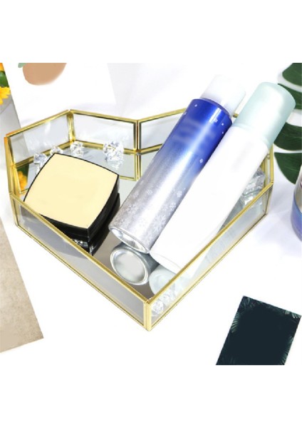 Vintage Ayna Vanity Tepsi Kozmetik Makyaj Tepsisi Süslü Dresser Tepsi Kalp Şeklinde Geometrik Takı Biblo Tutucu Kutusu (Yurt Dışından)