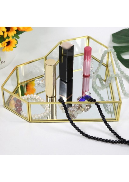 Vintage Ayna Vanity Tepsi Kozmetik Makyaj Tepsisi Süslü Dresser Tepsi Kalp Şeklinde Geometrik Takı Biblo Tutucu Kutusu (Yurt Dışından)