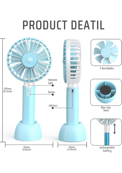 Elde Taşınabilir USB Fan, Taşınabilir Mini Fan Şarj Edilebilir Pil, Ofis/dış Mekan/spor/ev/seyahat/kamp Için Masa - Mavi (Yurt Dışından)