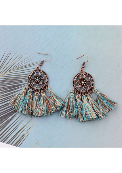 Vintage Boho Etnik Yuvarlak Dangle Bildirimi Fringe Damla Küpe Kadınlar Için Düğün Parti Yıldönümü Takı Süsler Yeşil + Bronz (Yurt Dışından)