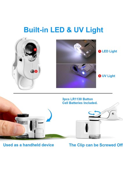 LED Işıklı 2x 100X Zoom Klipsli Mikroskop, Taşınabilir Büyüteç Büyüteç Cep Büyüteç Lens Camı (Yurt Dışından)
