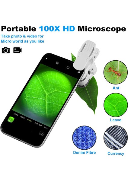 LED Işıklı 2x 100X Zoom Klipsli Mikroskop, Taşınabilir Büyüteç Büyüteç Cep Büyüteç Lens Camı (Yurt Dışından)