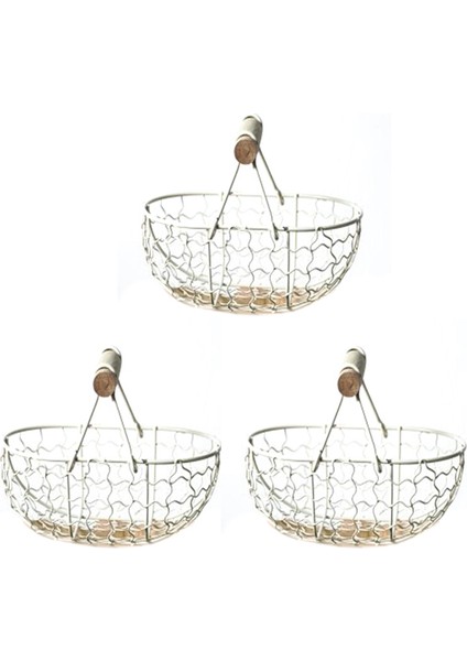 3x Ahşap Saplı Metal Retro Sepet Taşınabilir Çok Fonksiyonlu Sebze Meyve Yumurta Bakkal Pratik Depolama Sepeti Beyaz (Yurt Dışından)