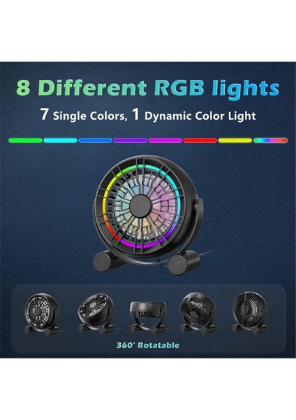 Masaüstü Kullanışlı USB Küçük Fan LED Aydınlatma 3 Hız 360° Dönüş Güç Kaynağı Düşük Gürültü ve Sessiz (Yurt Dışından)